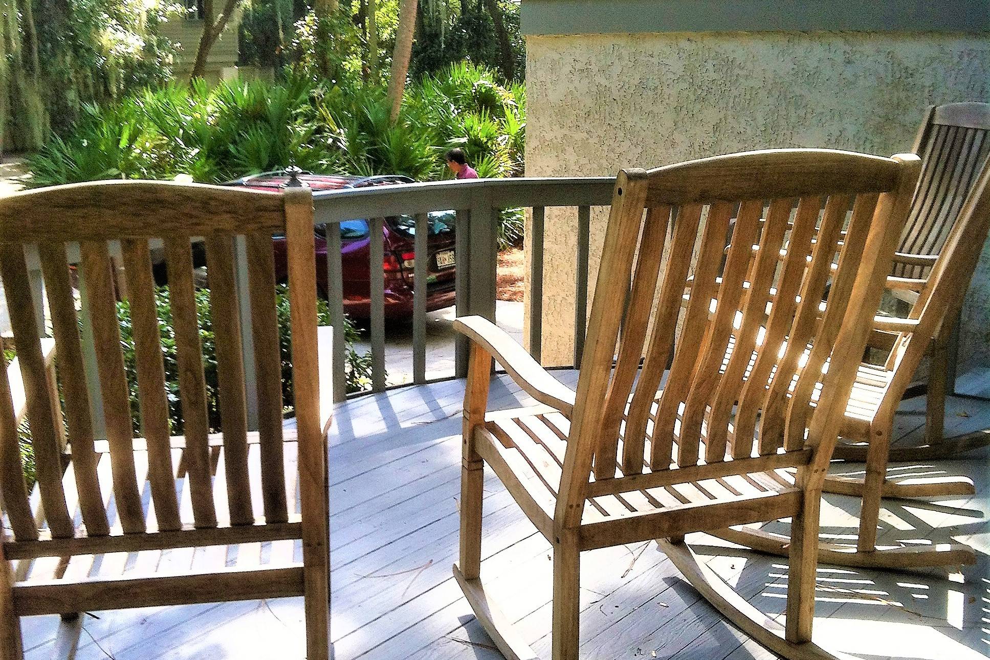 Teak rocking chairs on front deck